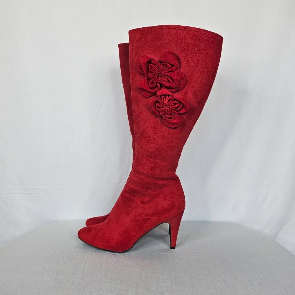 Red Velour Knee-High Women's Boots with Rose/Flower Accents, Size 6M - Picture 11 of 16